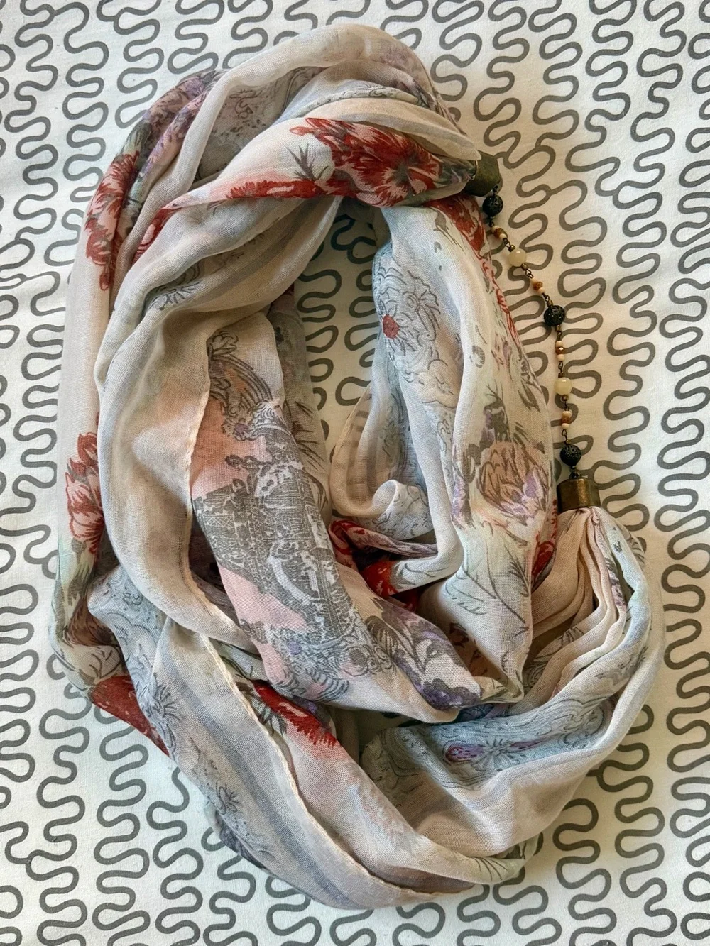 Lightweight French Floral Print Scarf with Beaded Connector